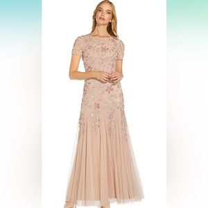 Size 12 Adrianna Papell blush colored beaded patterned gown with godets.